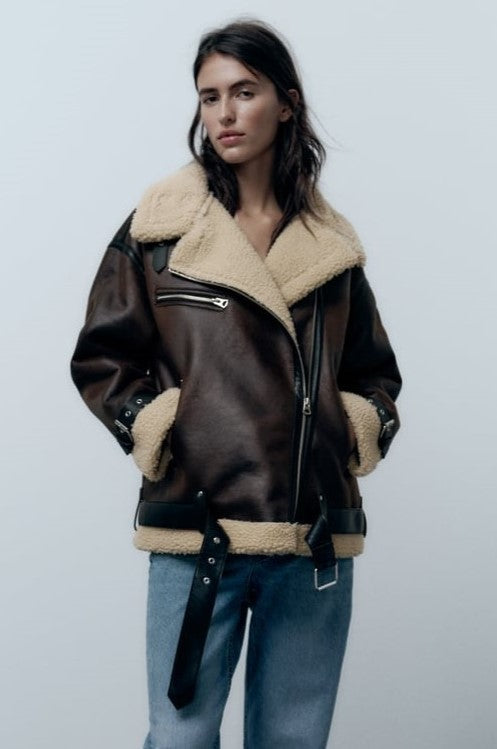 Women's Faux Shearling Aviator Jacket with Oversized Collar – Stylish Outerwear, Warm Layering