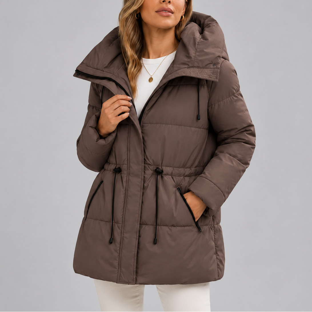 Women's Hooded Puffer Coat with Drawstring Waist – Casual Wear, Outdoor Activities