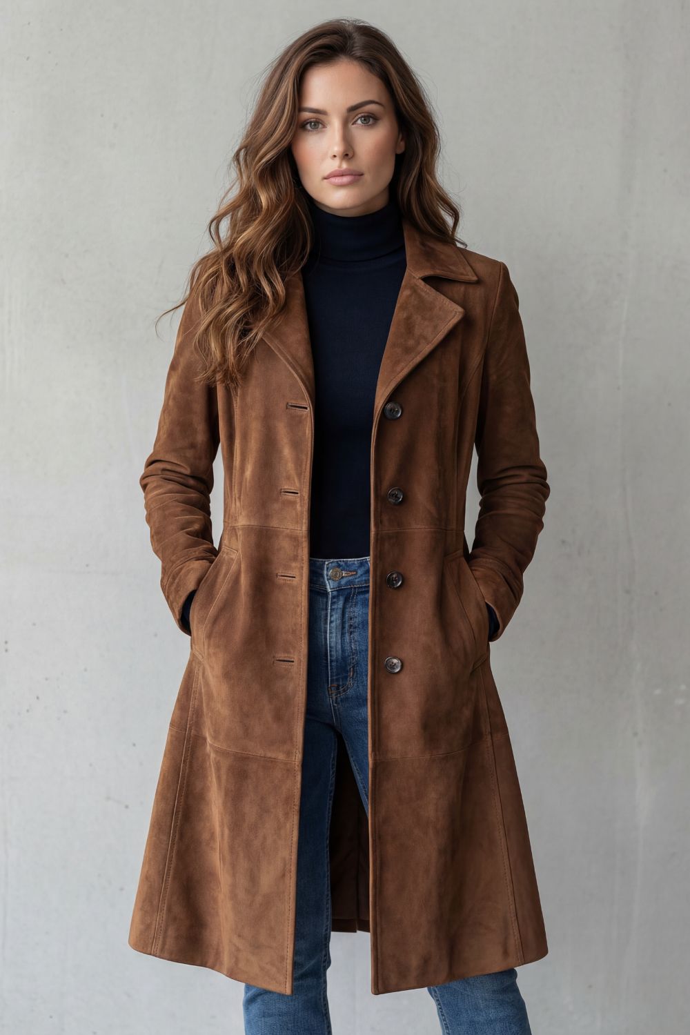 Women's Longline Coat in Vintage Suede Finish – Casual Wear, Layering
