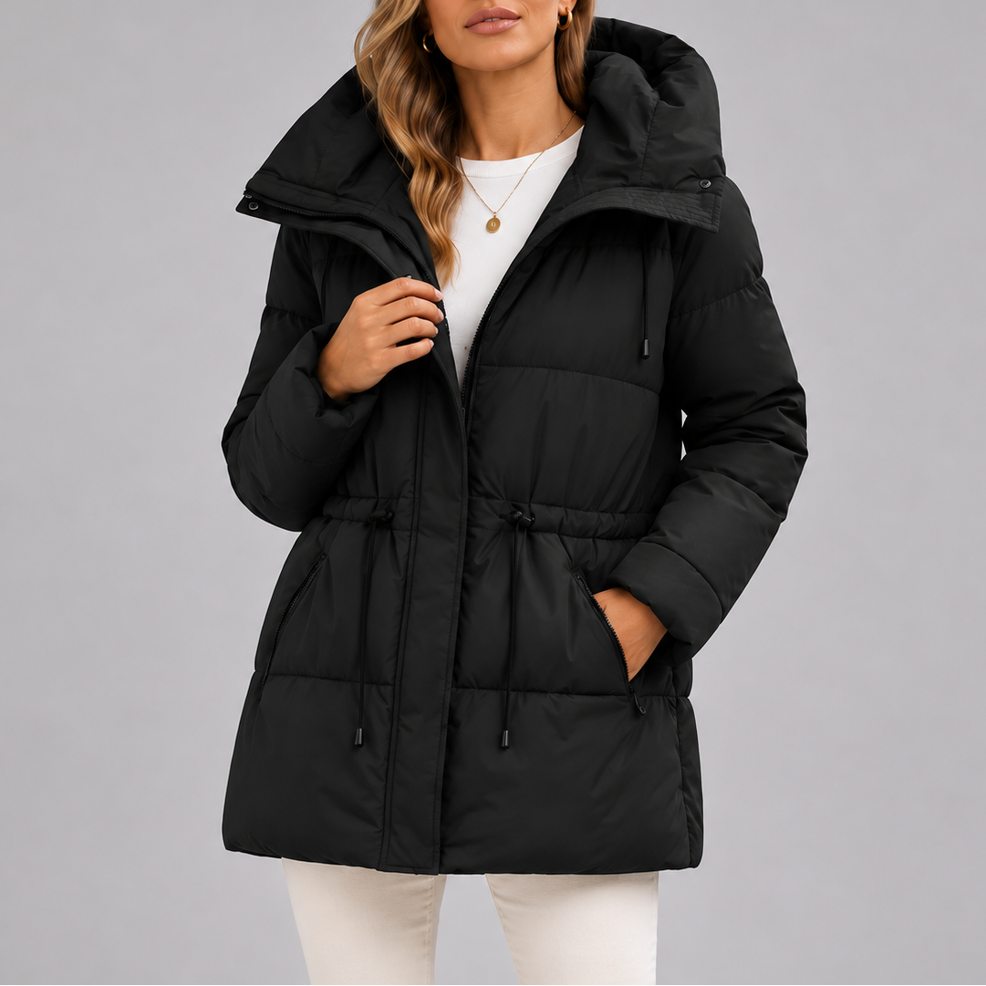 Women's Hooded Puffer Coat with Drawstring Waist – Casual Wear, Outdoor Activities
