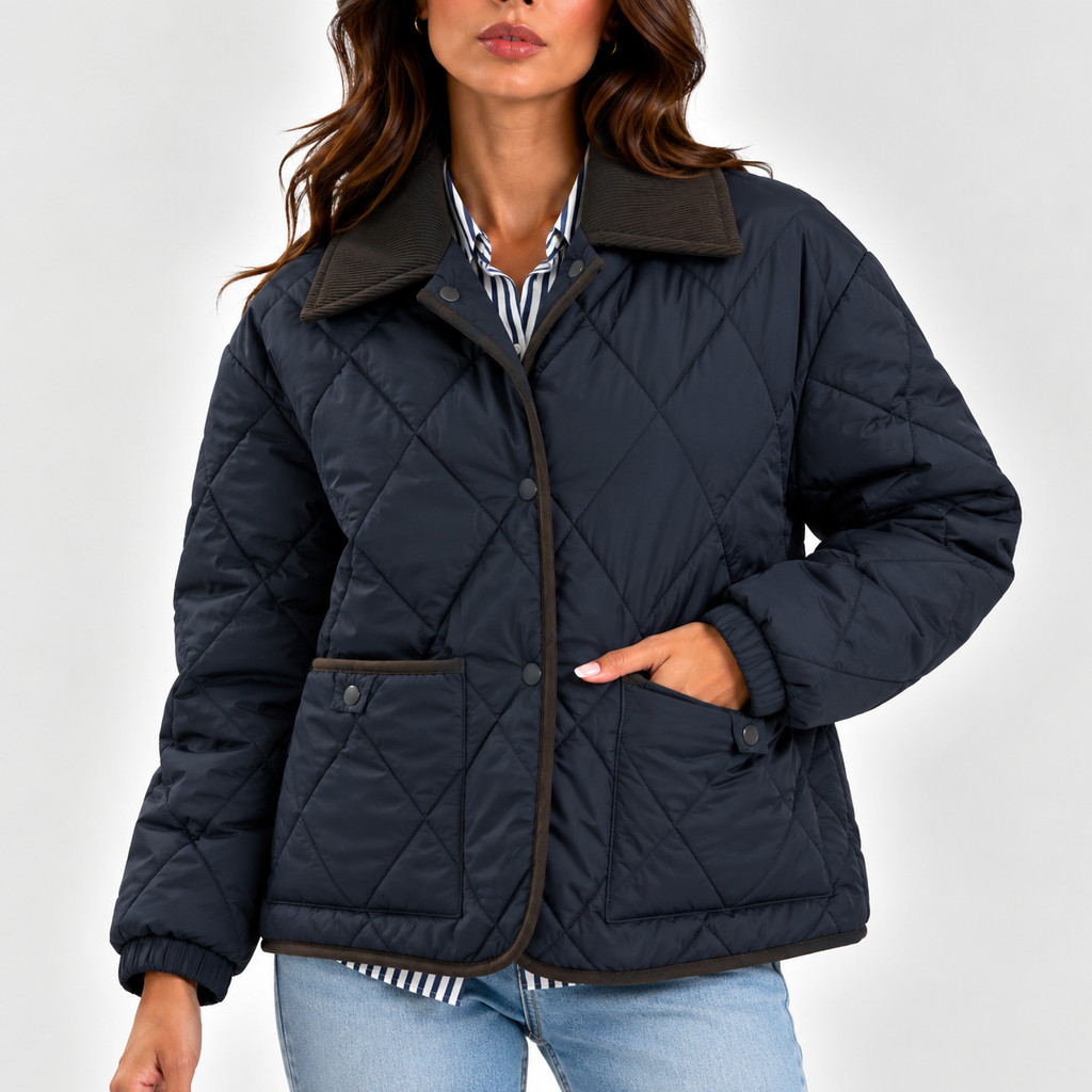 Women’s Quilted Puffer Jacket with Corduroy Collar – Long Sleeve Coat