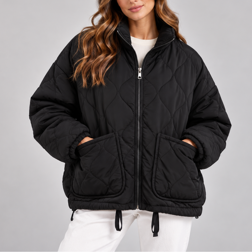 Women's Oversized Quilted Puffer Jacket – High Neck, Zip Up – Casual, Cold Weather
