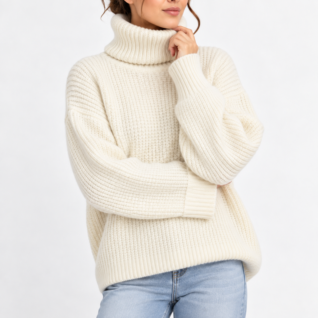 Women’s Oversized Turtleneck Sweater with Waffle Knit Texture