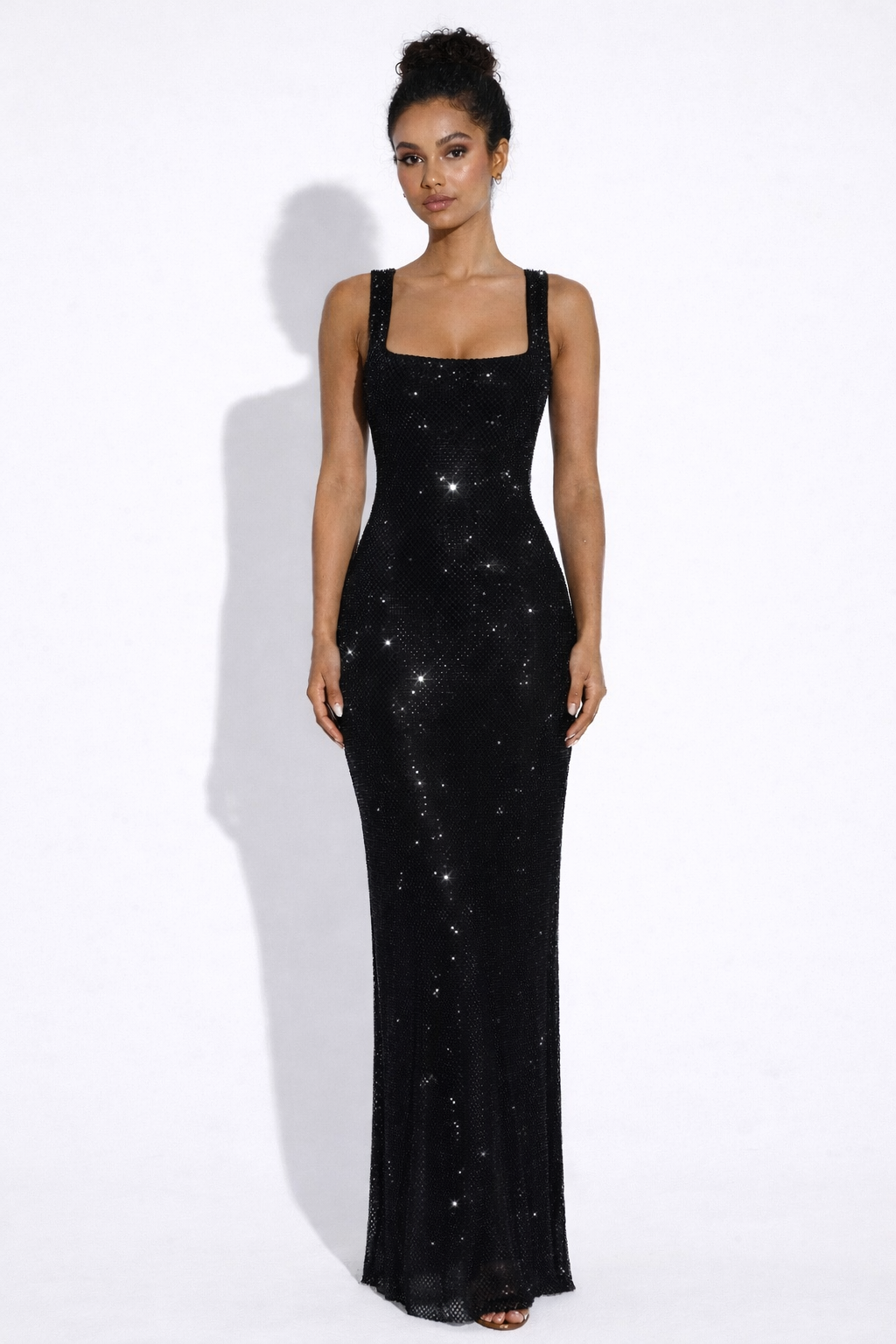 Crystal Mesh Square Neck Maxi Dress Women UK – Evening Gown, Formal Occasion