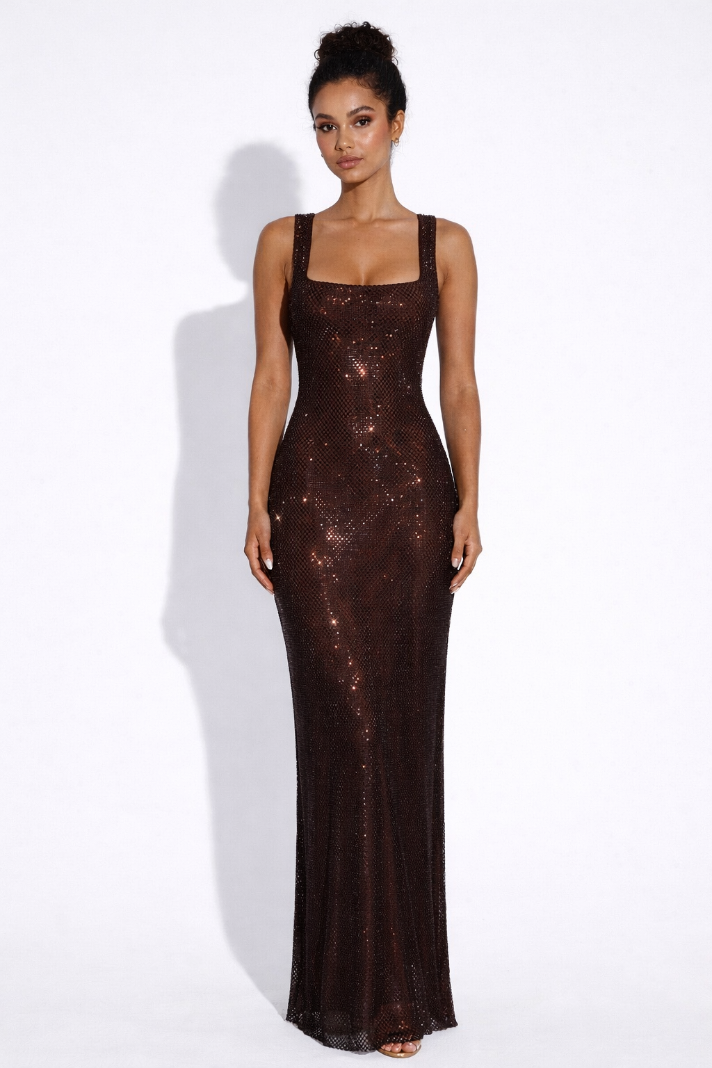 Crystal Mesh Square Neck Maxi Dress Women UK – Evening Gown, Formal Occasion