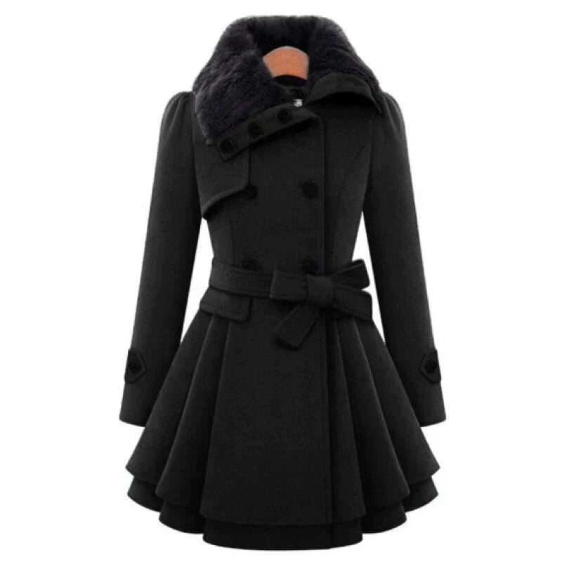 Vintage Flair Trench Coat with Faux Fur Collar – Stylish Layering, Chic Winter Outfit