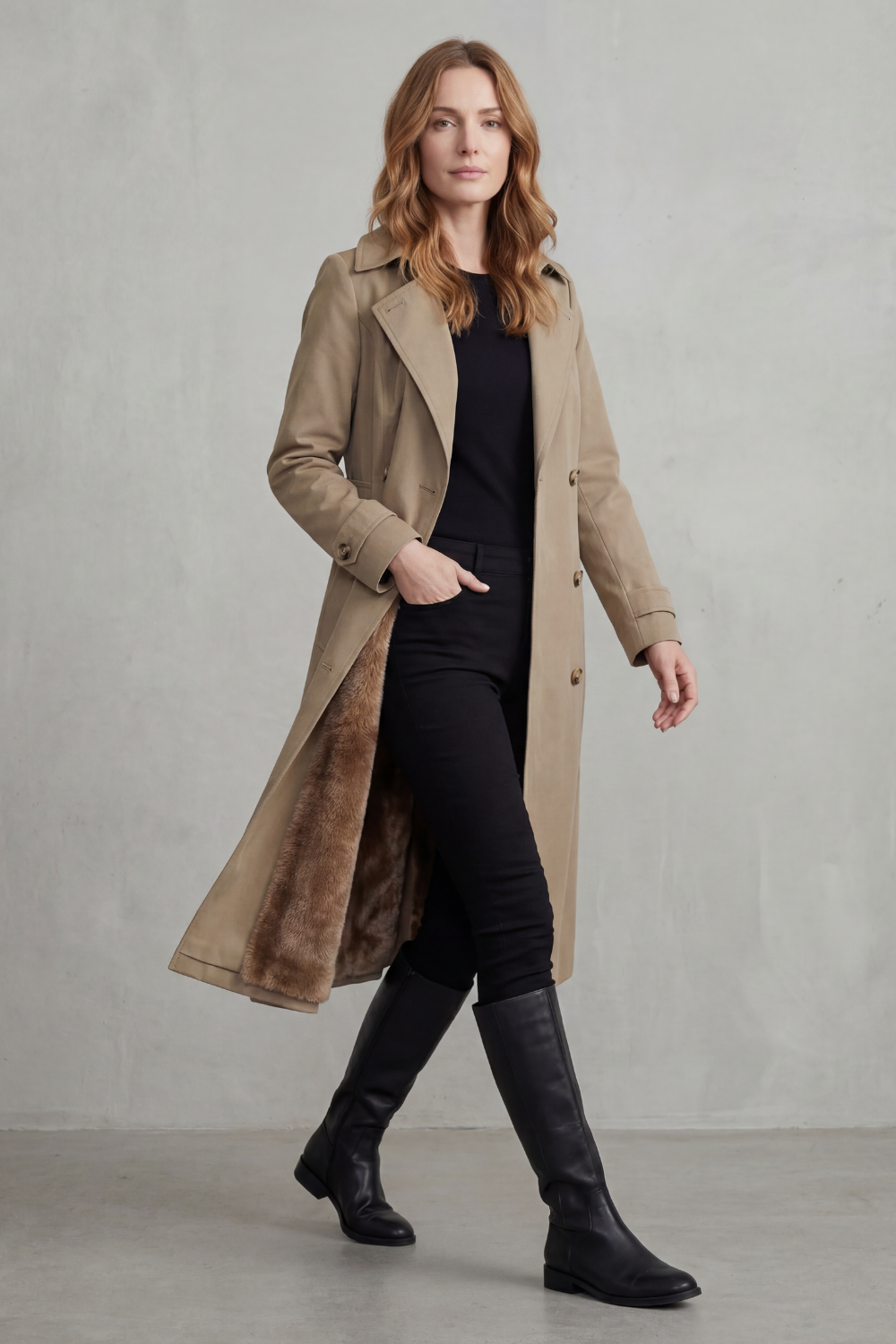 Women's Double-Breasted Winter Coat with Faux Fur Lining – Stylish, Cosy Layering, Everyday Wear