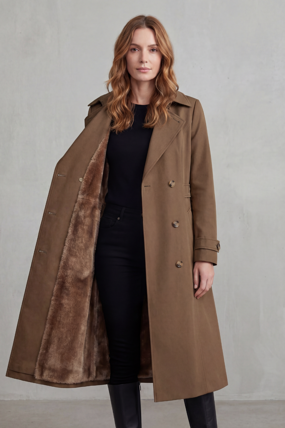 Women's Double-Breasted Winter Coat with Faux Fur Lining – Stylish, Cosy Layering, Everyday Wear