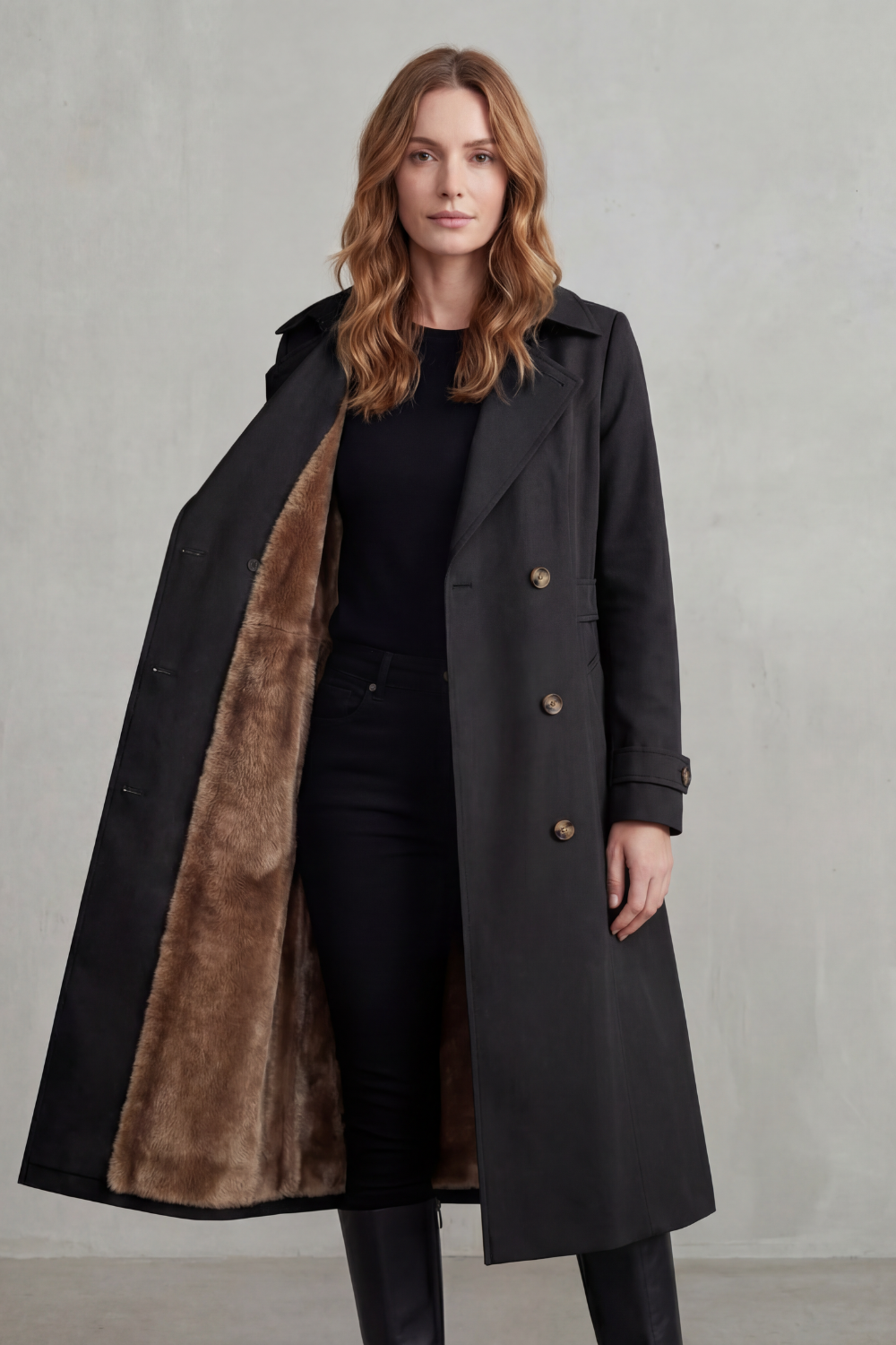 Women's Double-Breasted Winter Coat with Faux Fur Lining – Stylish, Cosy Layering, Everyday Wear