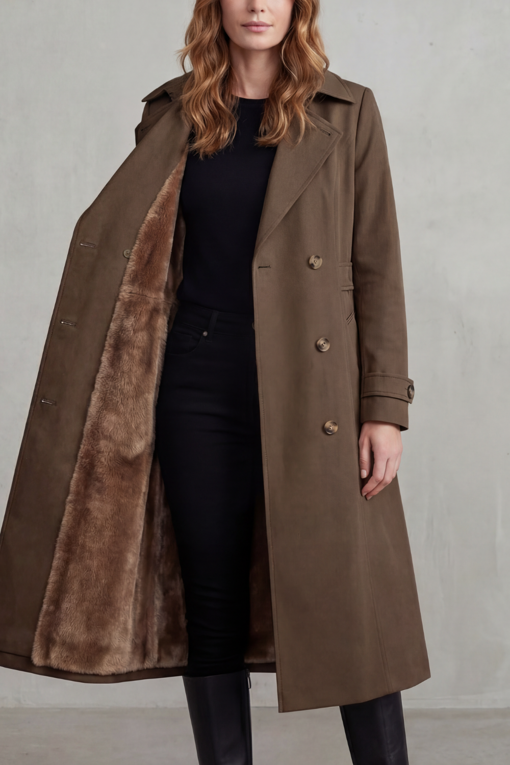Women's Double-Breasted Winter Coat with Faux Fur Lining – Stylish, Cosy Layering, Everyday Wear
