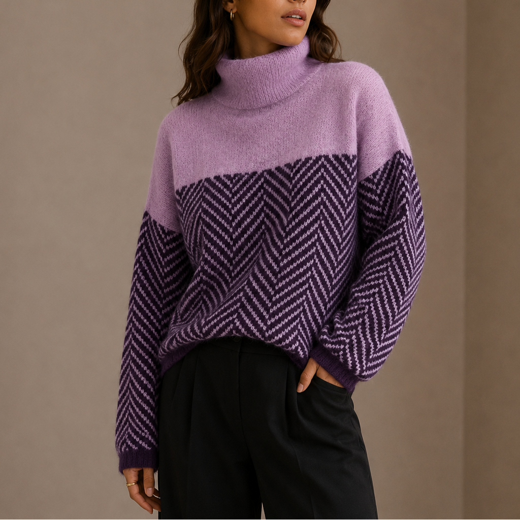 Women's Oversized Herringbone Turtleneck Sweater – Casual Winterwear, Cozy Layering