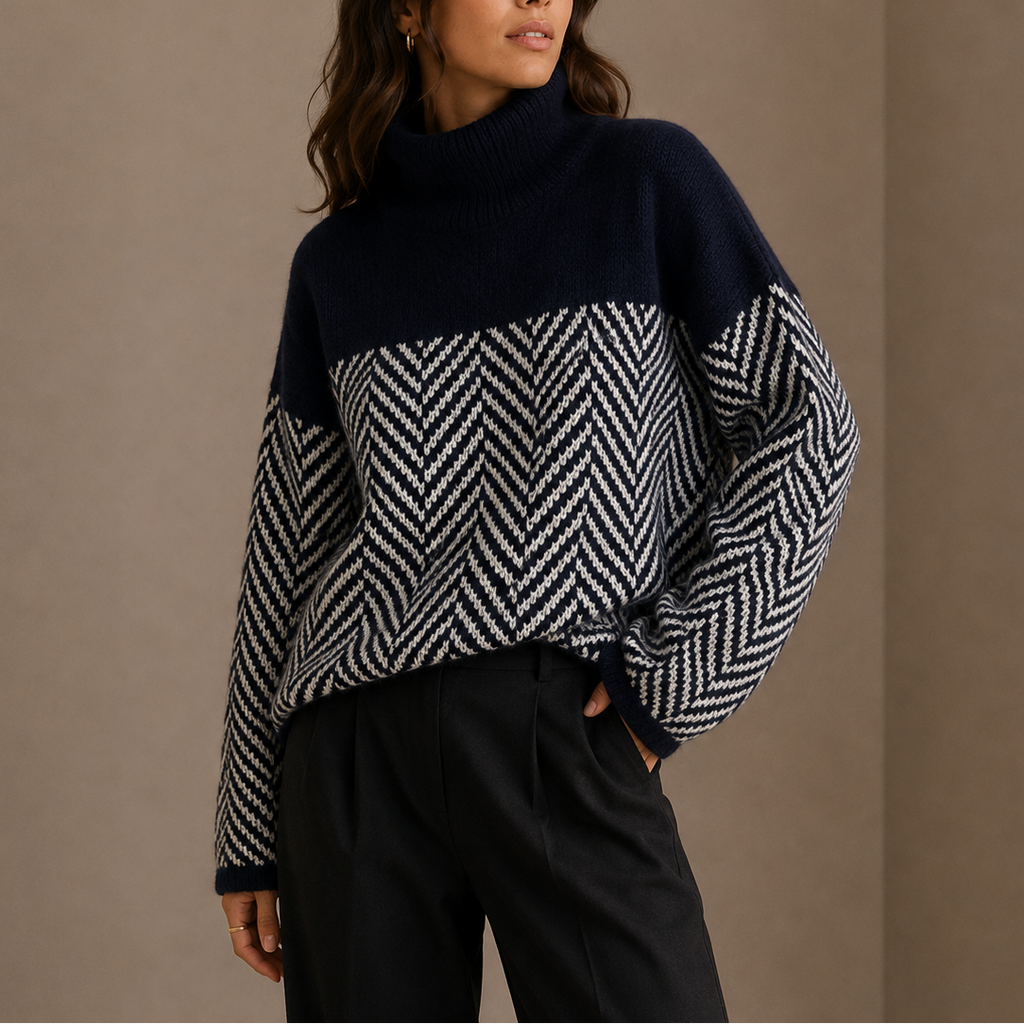 Women's Oversized Herringbone Turtleneck Sweater – Casual Winterwear, Cozy Layering
