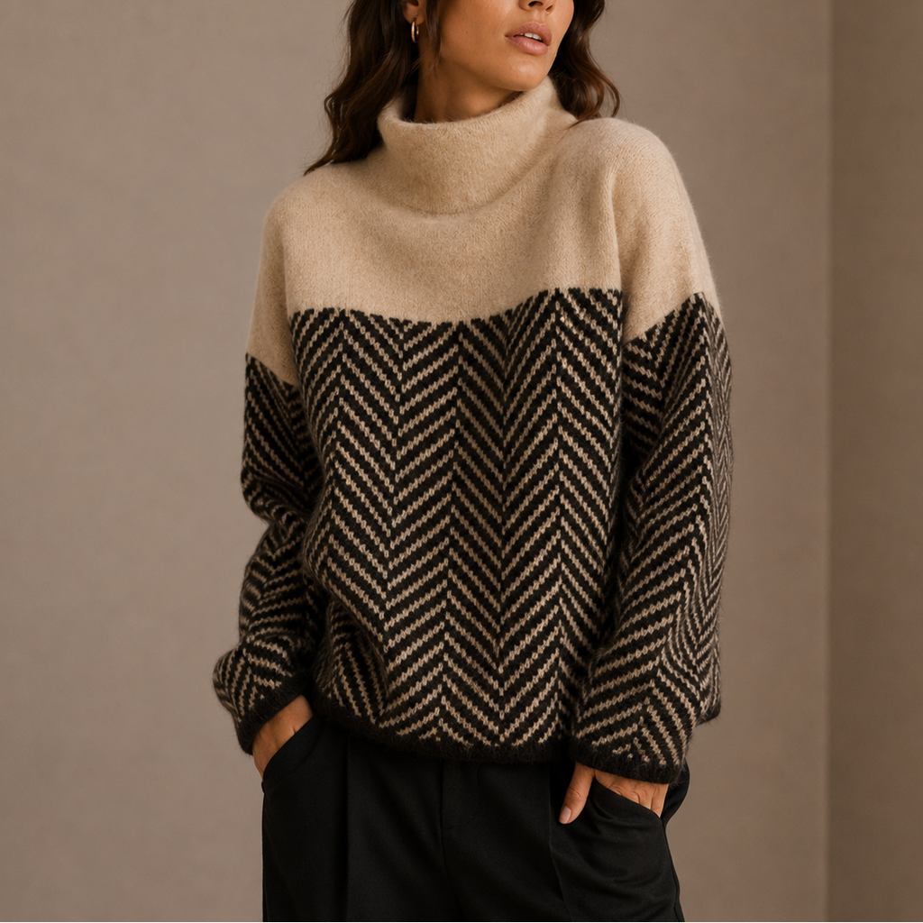 Women's Oversized Herringbone Turtleneck Sweater – Casual Winterwear, Cozy Layering
