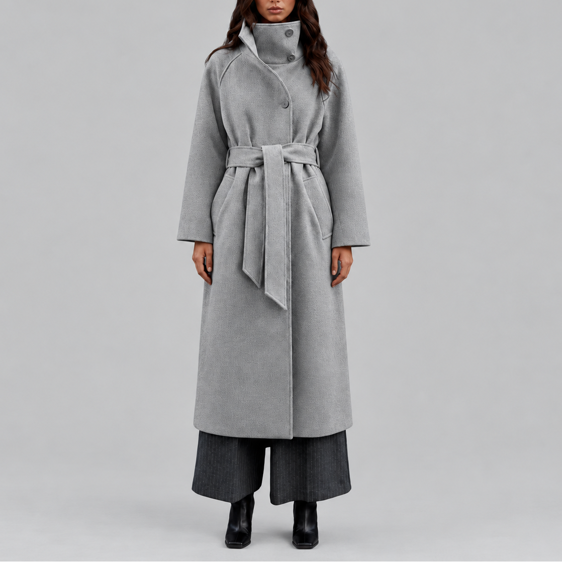 Women's Long Coat, Belted Wrap with Wide Collar – Winter Fashion, Casual Outing