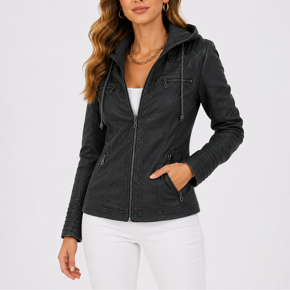 Women's Faux Leather Hooded Jacket with Zip Pockets – Casual, Everyday Wear