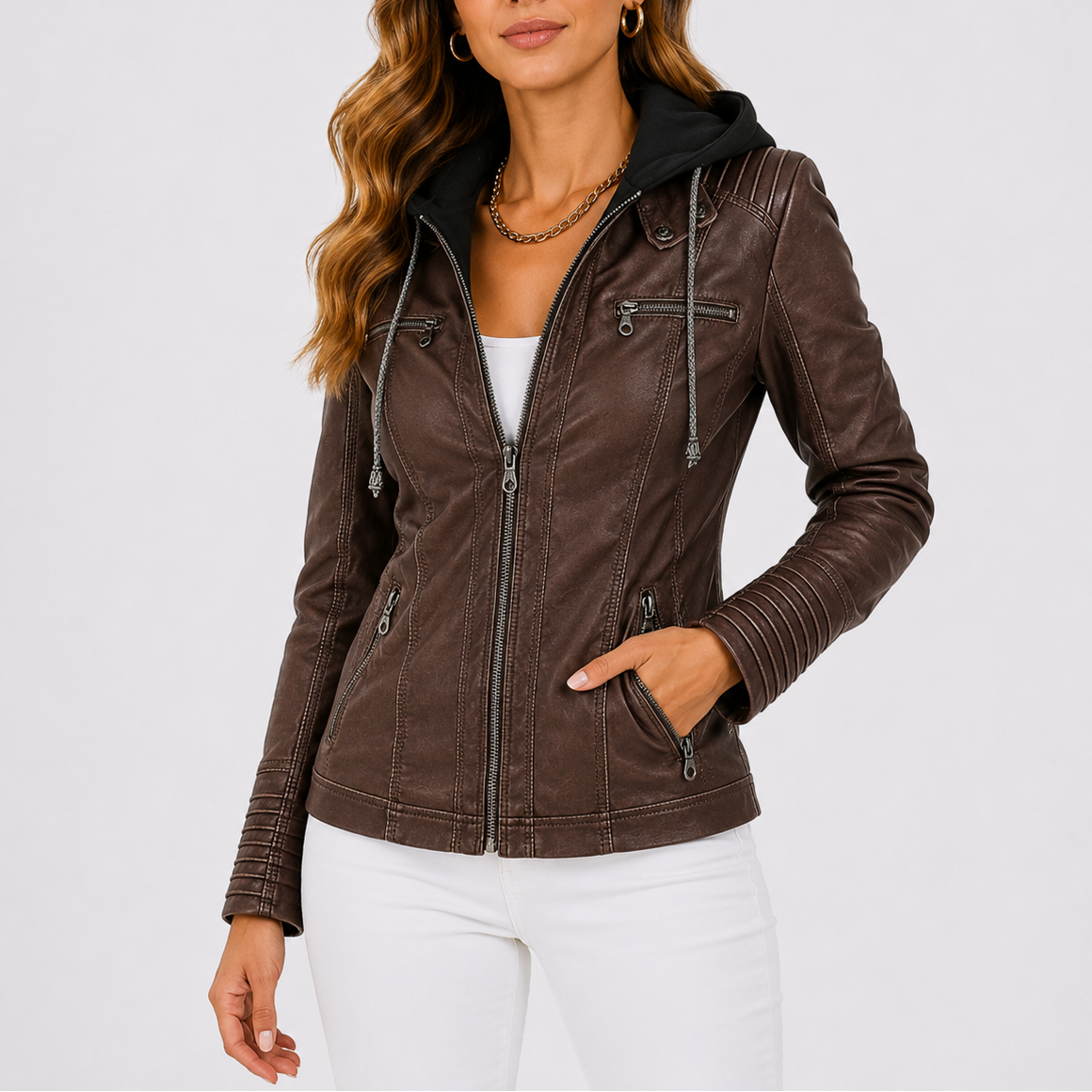 Women's Faux Leather Hooded Jacket with Zip Pockets – Casual, Everyday Wear