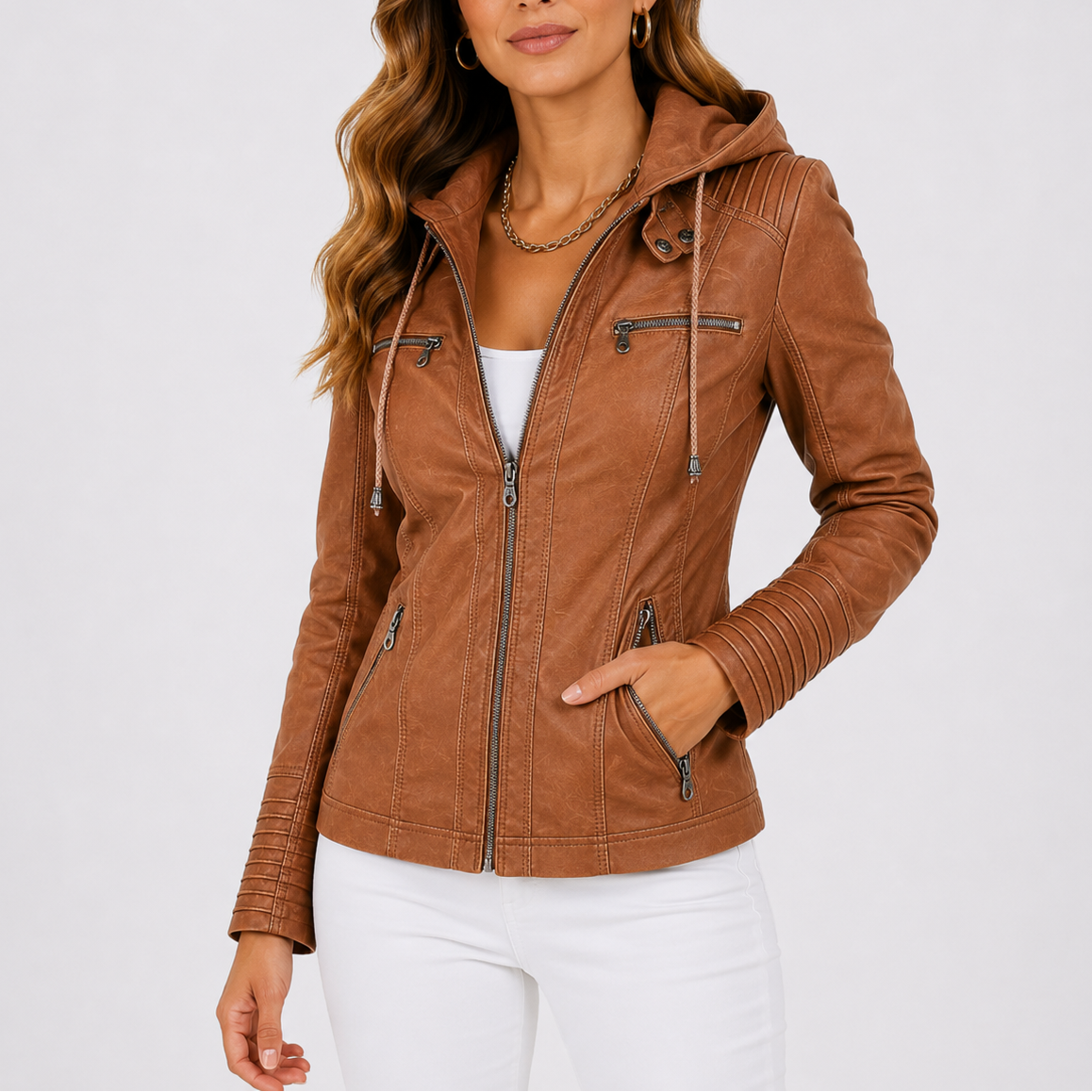 Women's Faux Leather Hooded Jacket with Zip Pockets – Casual, Everyday Wear