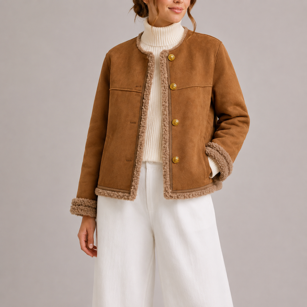 Women's Faux Suede Autumn Jacket with Shearling Trim – Casual Wear, Stylish Layering