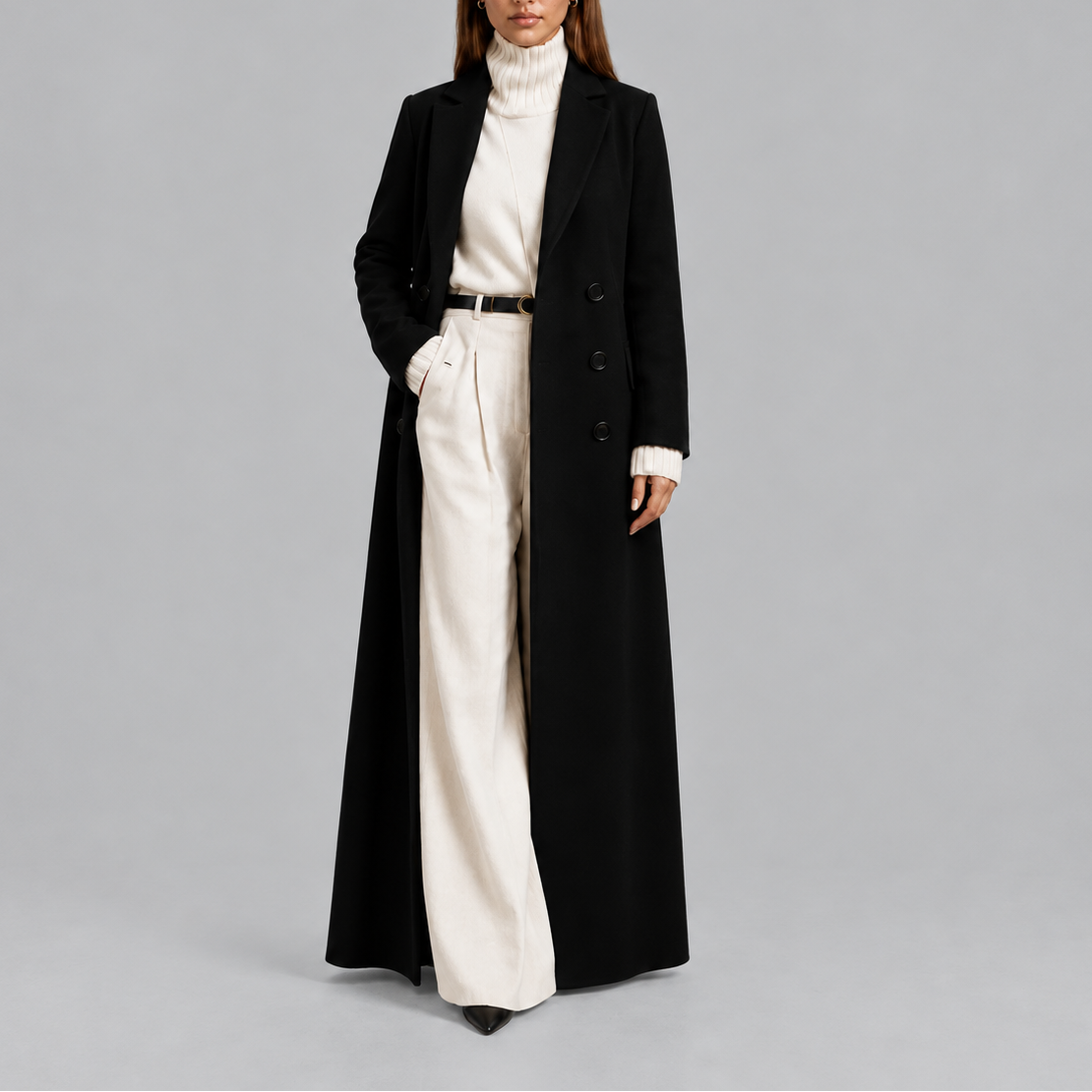 Women's Longline Double-Breasted Coat – Warm Winter Overcoat, Stylish Outerwear