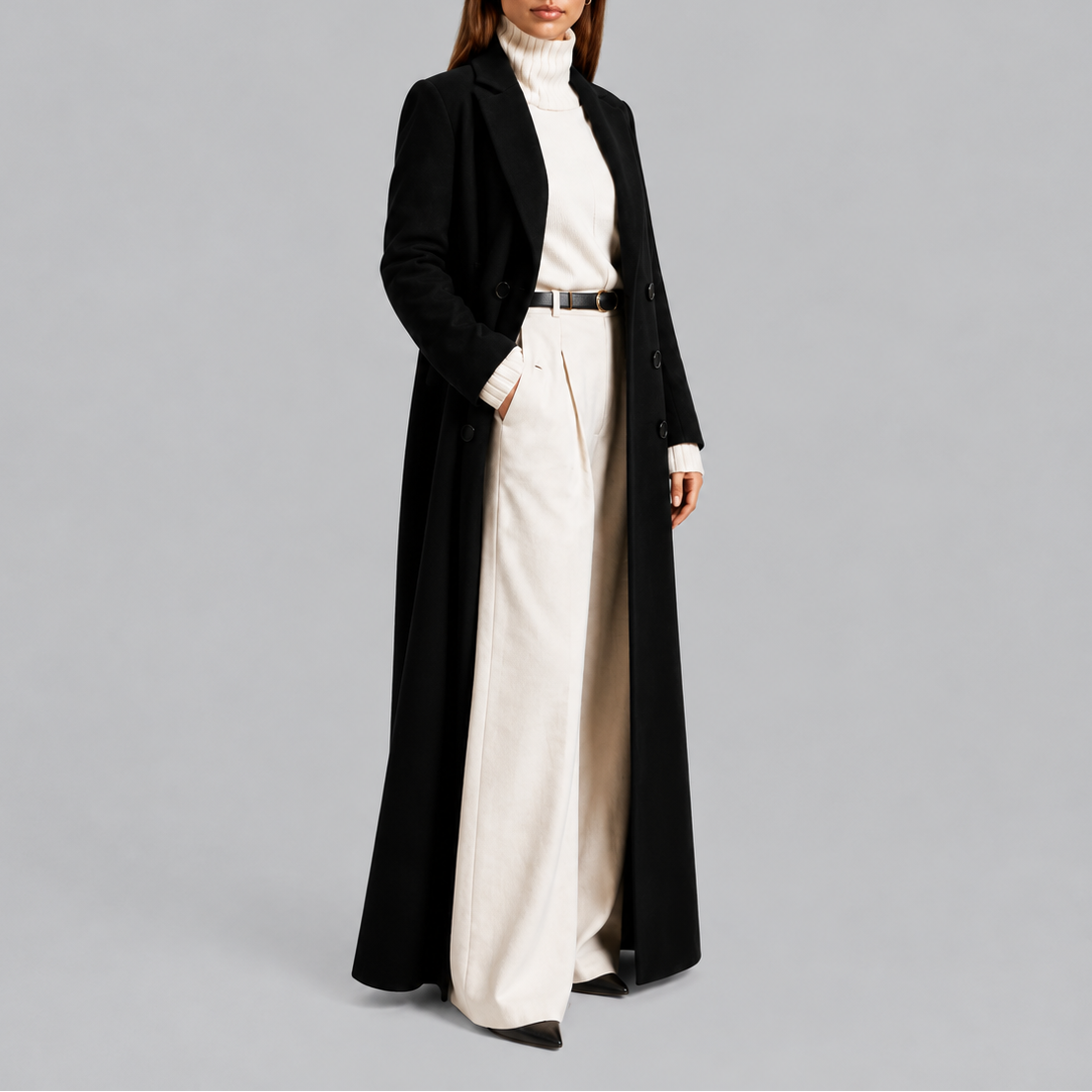 Women's Longline Double-Breasted Coat – Warm Winter Overcoat, Stylish Outerwear