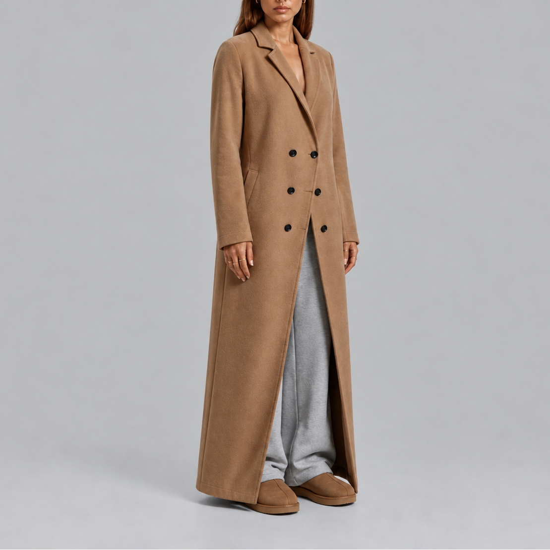 Women's Longline Double-Breasted Coat – Warm Winter Overcoat, Stylish Outerwear
