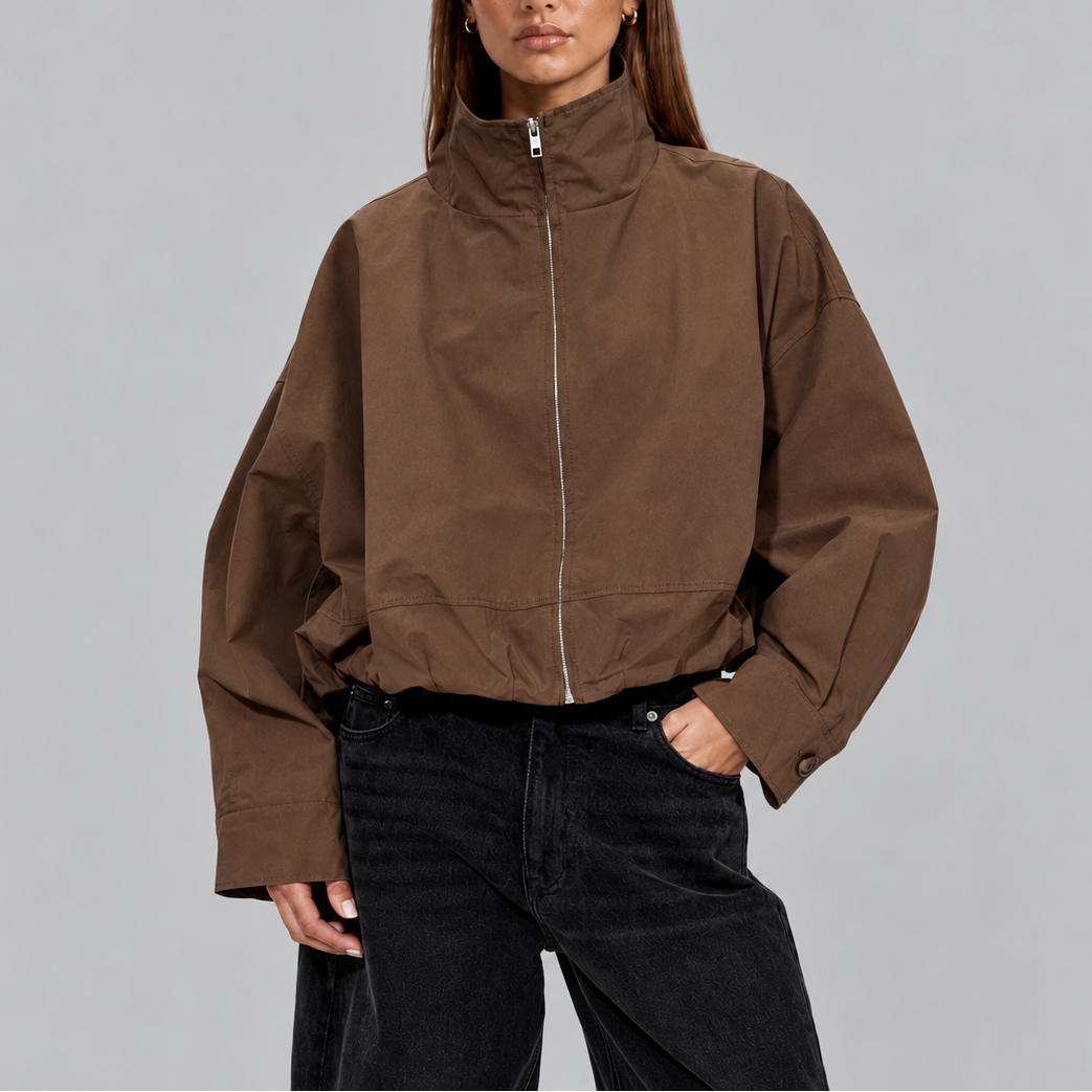 Women’s Cropped Bomber Jacket with High Neck and Oversized Fit