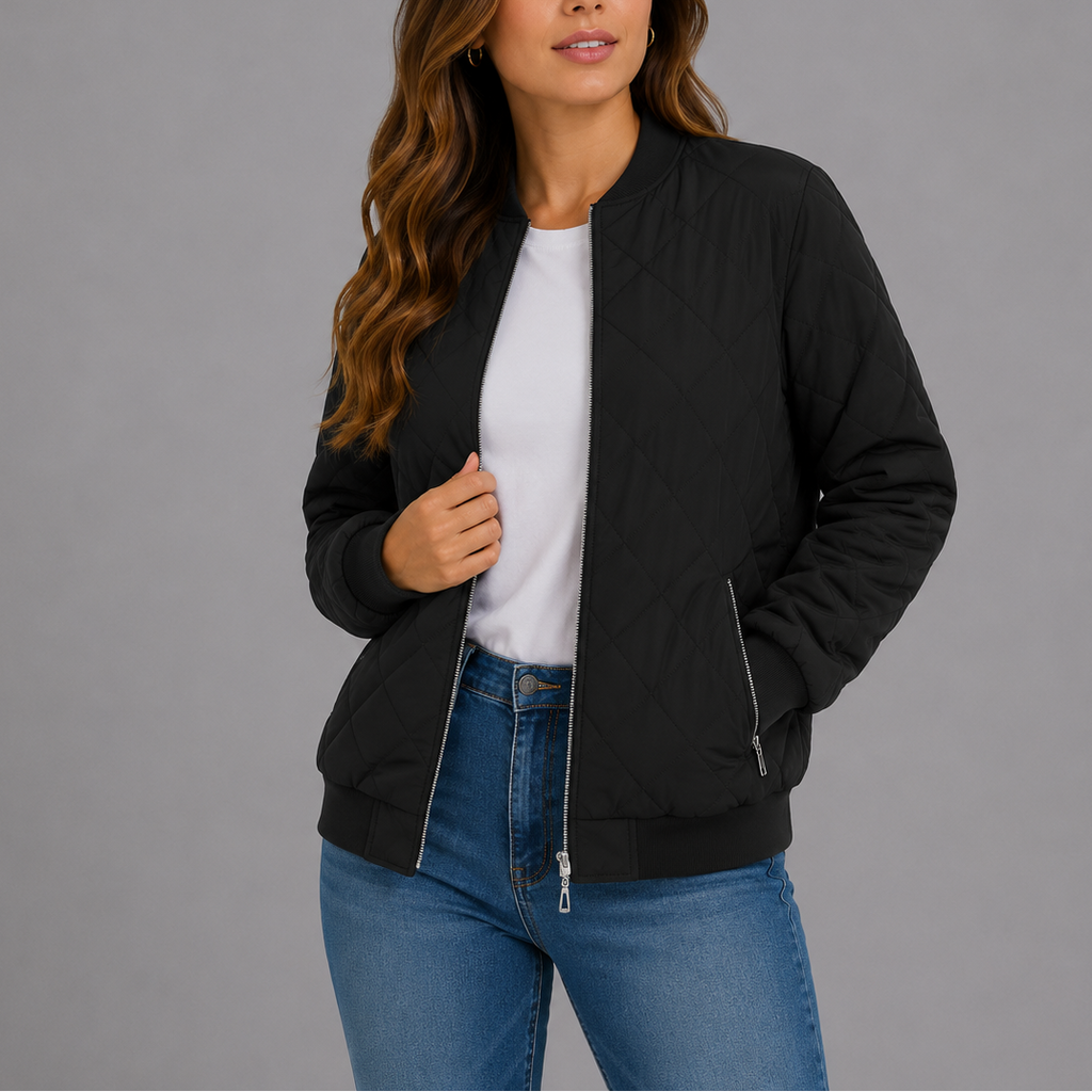 Women's Quilted Bomber Jacket with Pockets – Casual Wear, Outdoor Style