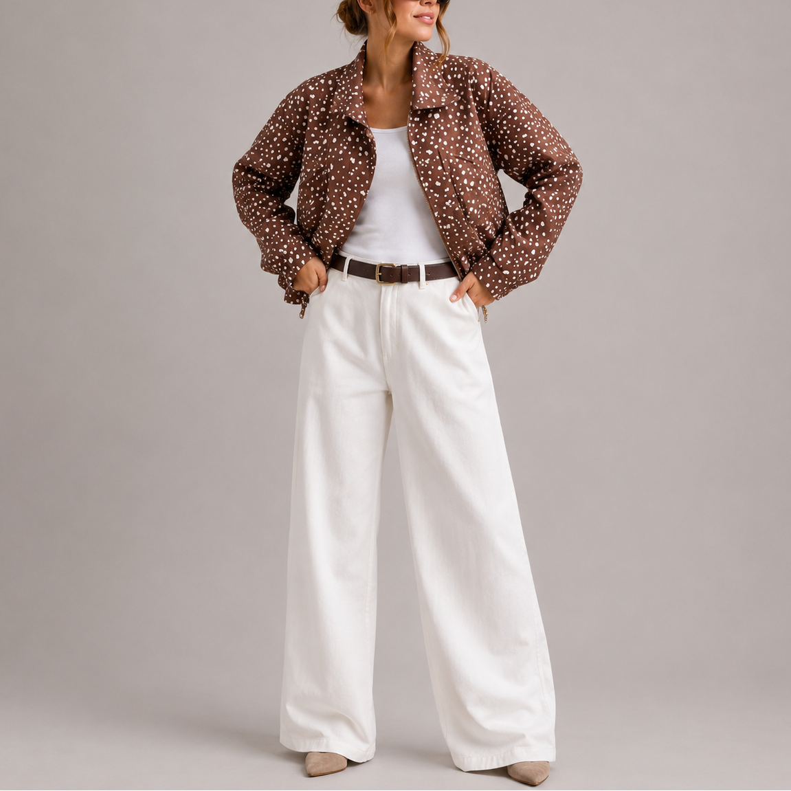 Women's Cropped Bomber Jacket with High Neck in Brown Polka Dot – Casual Wear, Stylish Layering