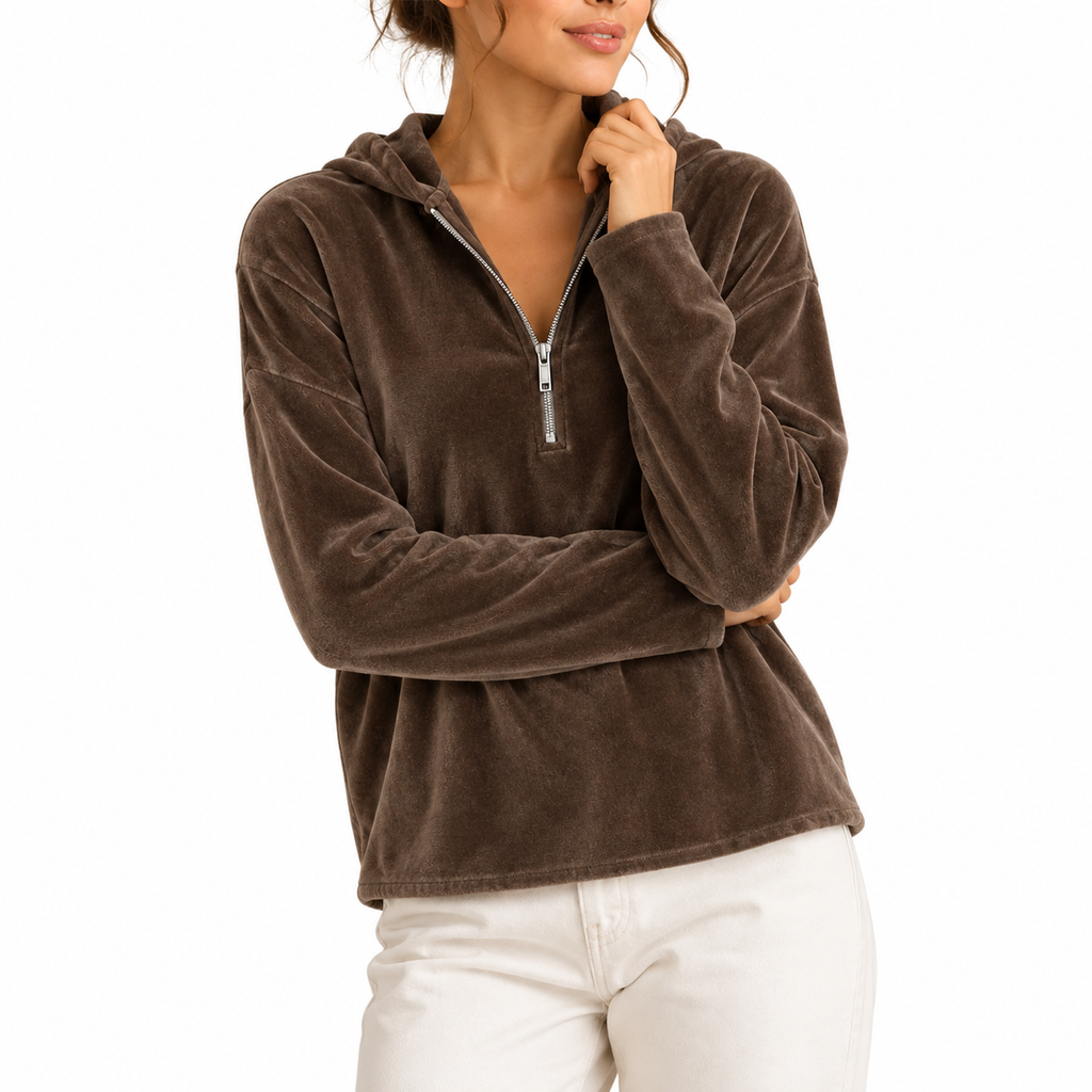 Women's Velvet Quarter-Zip Hoodie with Long Sleeves – Casual Wear, Everyday Comfort