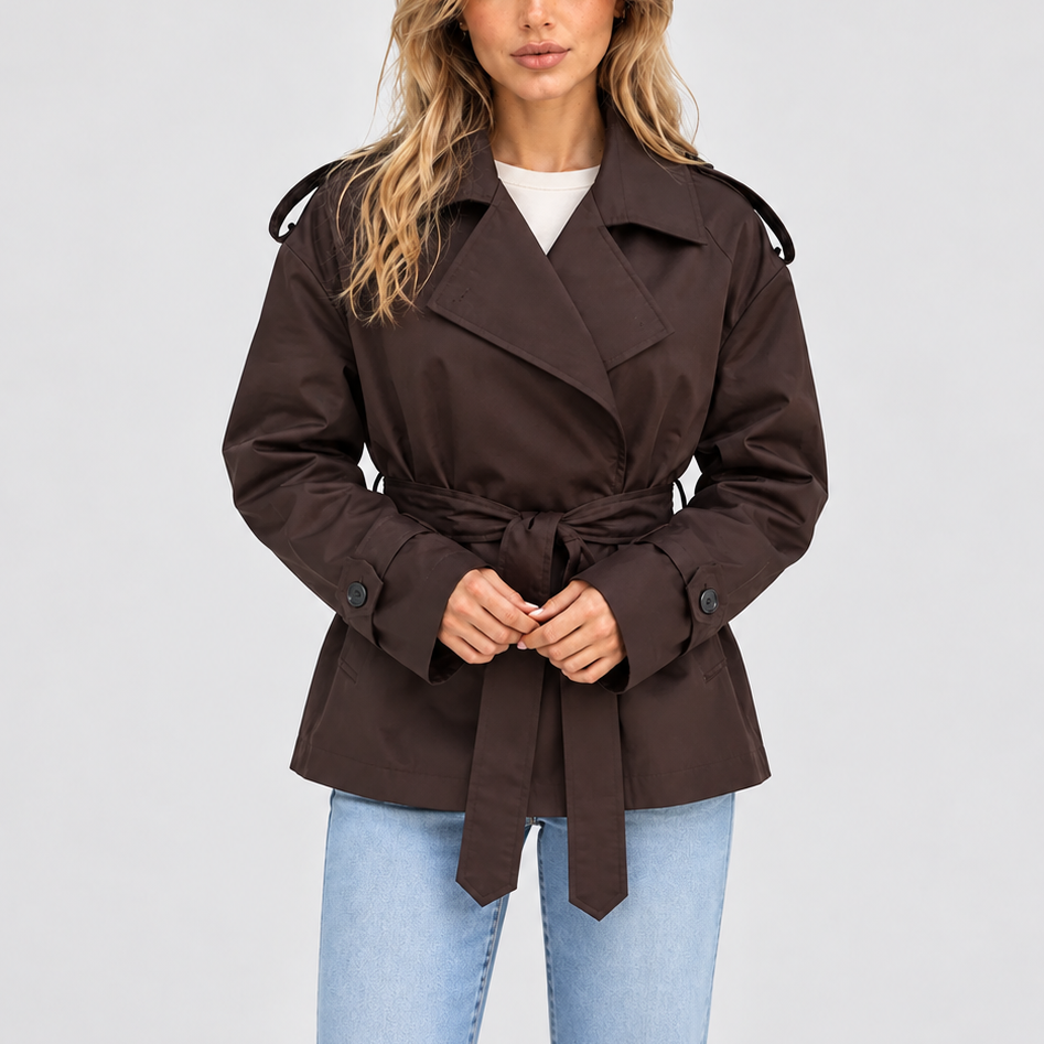Women’s Double-Breasted Trench Coat with Belt – Casual, Office Wear