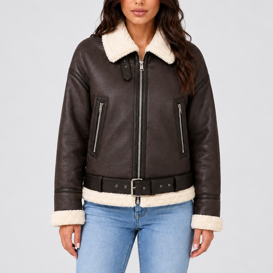 Women’s Cropped Aviator Jacket with Teddy Lining – Casual, Winter Wear