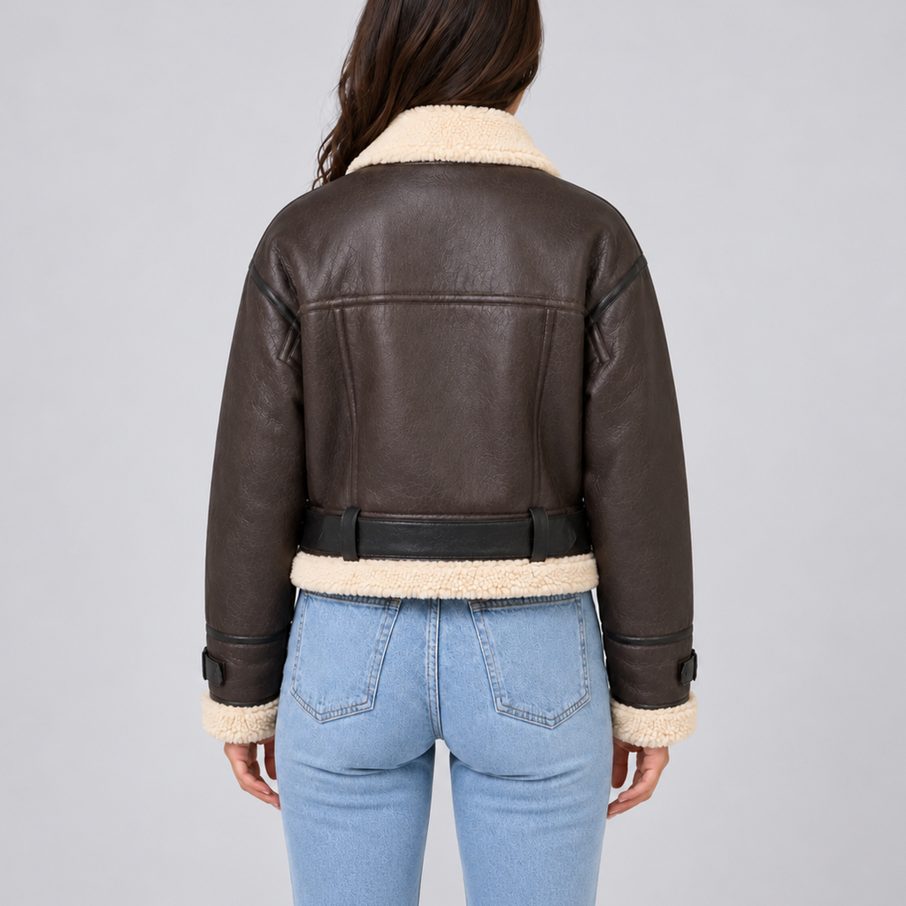 Women’s Cropped Aviator Jacket with Teddy Lining – Casual, Winter Wear