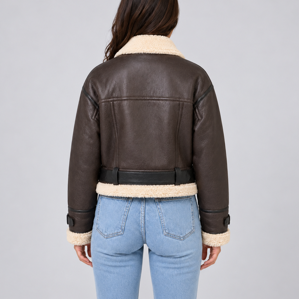 Women’s Cropped Aviator Jacket with Teddy Lining – Casual, Winter Wear