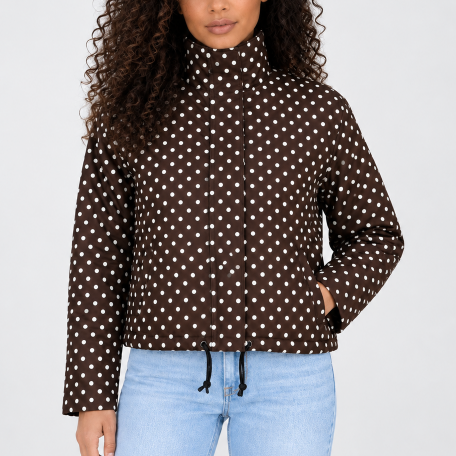 Women’s Cropped Jacket with High Collar, Polka Dot Design – Casual, Layering
