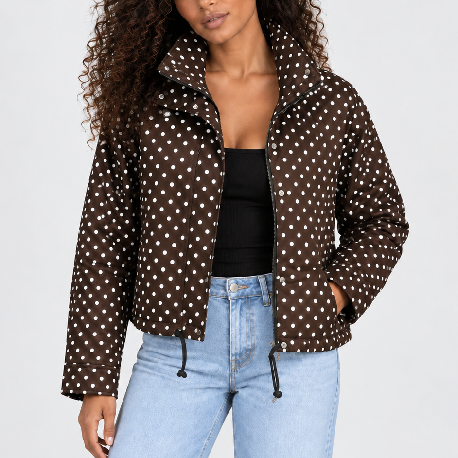 Women’s Cropped Jacket with High Collar, Polka Dot Design – Casual, Layering