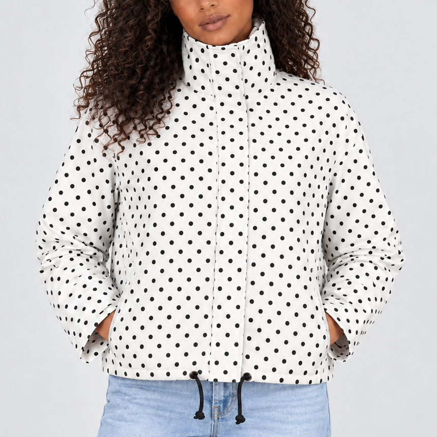 Women’s Cropped Jacket with High Collar, Polka Dot Design – Casual, Layering