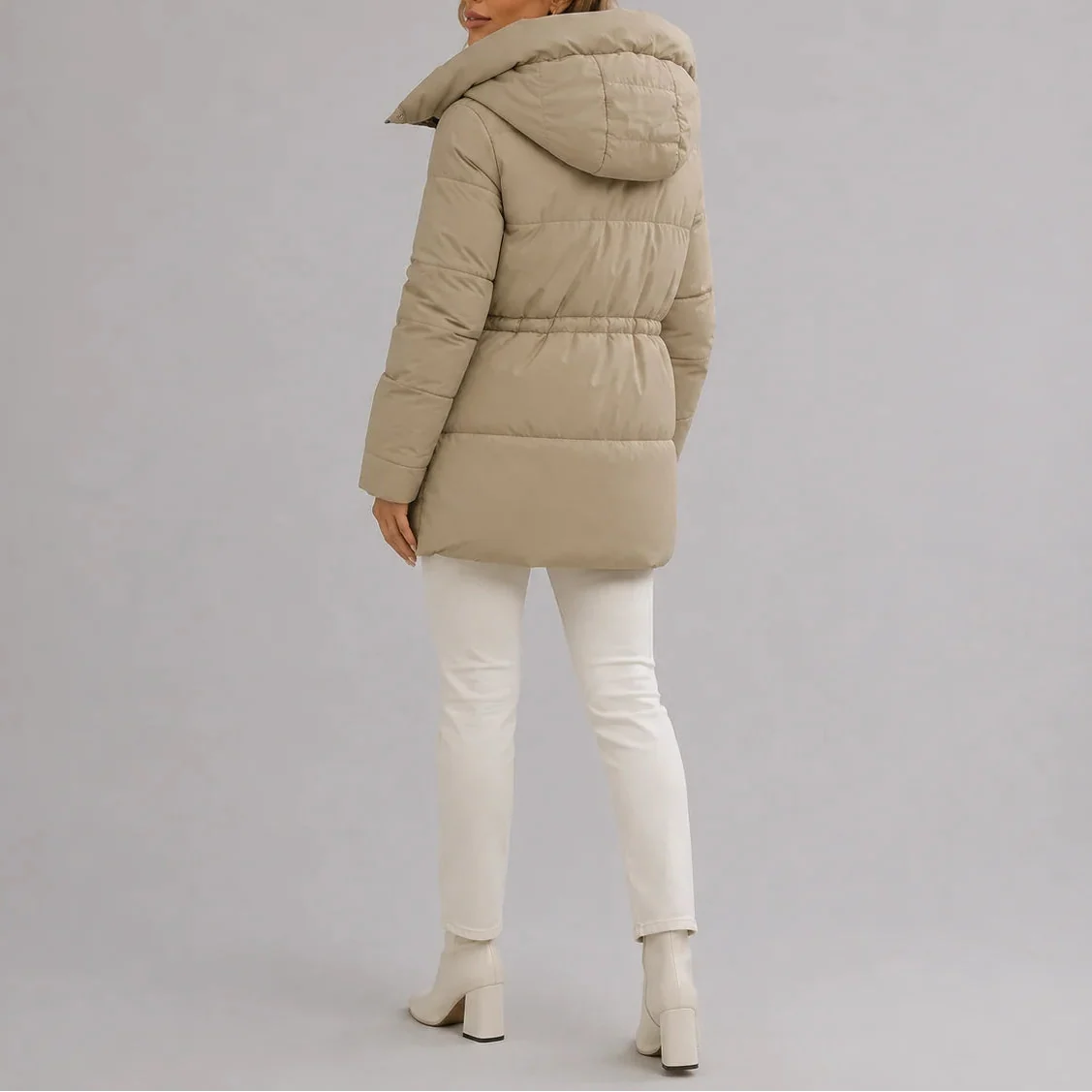 Women's Hooded Puffer Coat with Drawstring Waist – Casual Wear, Outdoor Activities