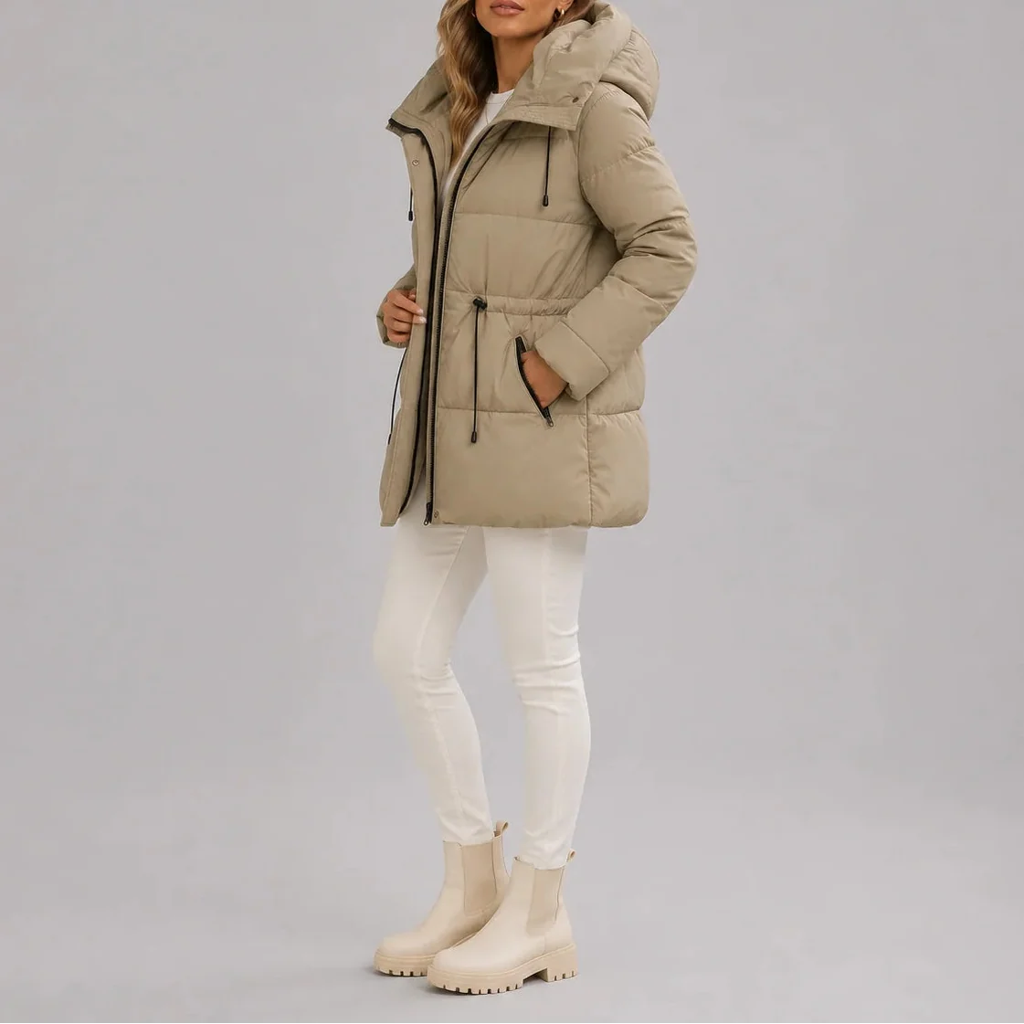 Women's Hooded Puffer Coat with Drawstring Waist – Casual Wear, Outdoor Activities