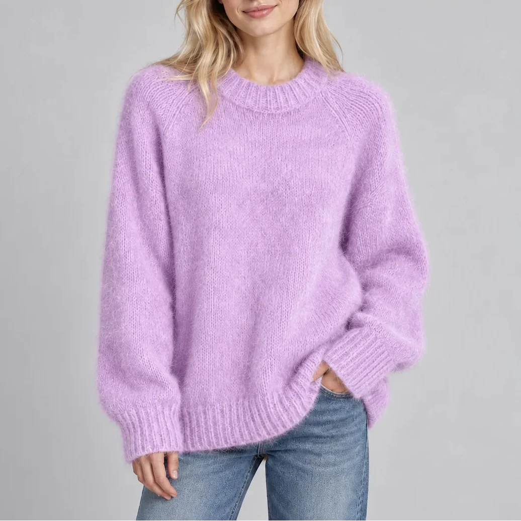 Women’s Relaxed Fit Fluffy Knit Jumper with Crew Neck and Long Sleeves