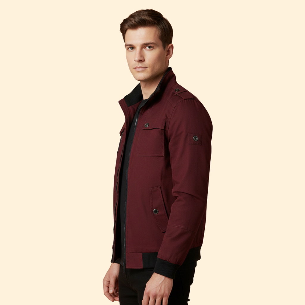 Men's Military Bomber Jacket in Burgundy – Casual Wear, Outdoor Activities