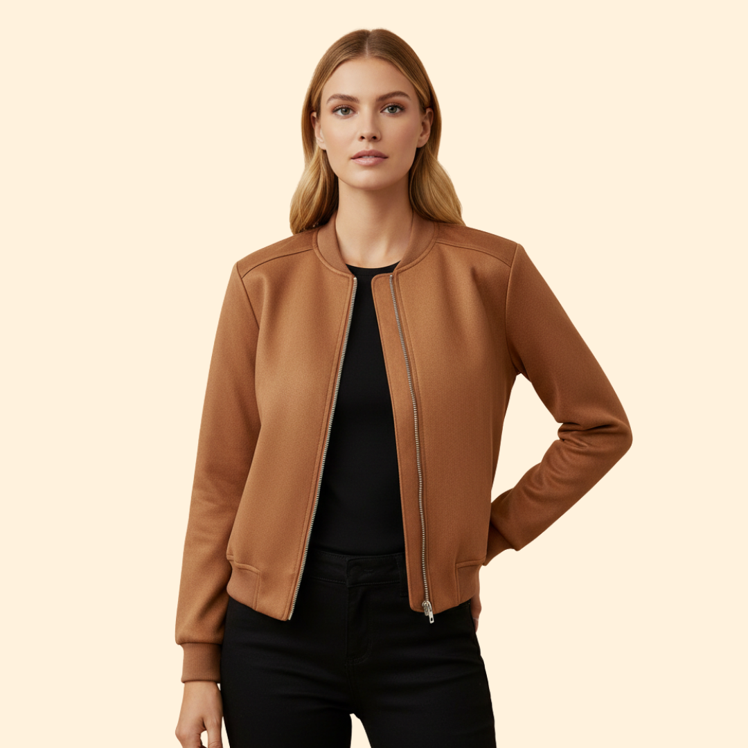 Women's Zip Up Bomber Jacket in Brown – Casual Wear, Everyday Style
