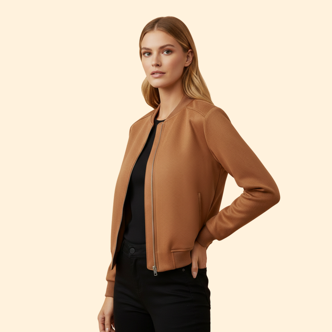 Women's Zip Up Bomber Jacket in Brown – Casual Wear, Everyday Style