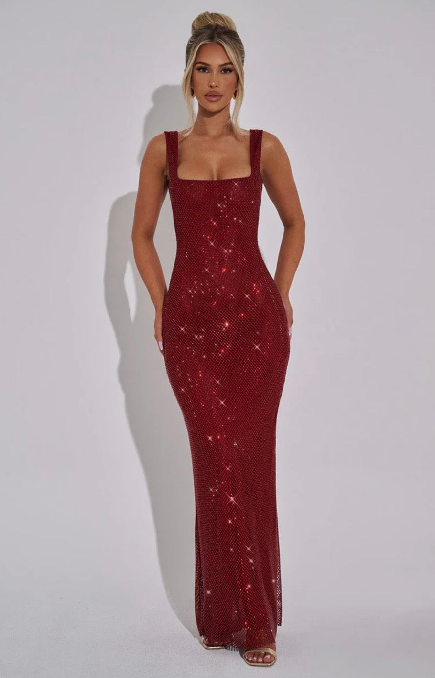 Crystal Mesh Square Neck Maxi Dress Women UK – Evening Gown, Formal Occasion
