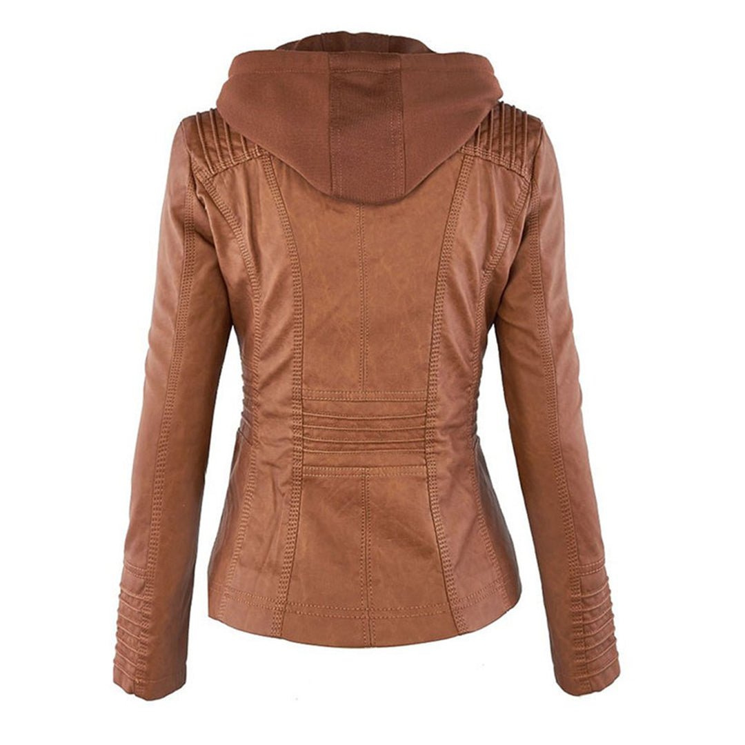 Leather Biker Jacket with Removable Hood and Zip Detail – Casual, Everyday Wear