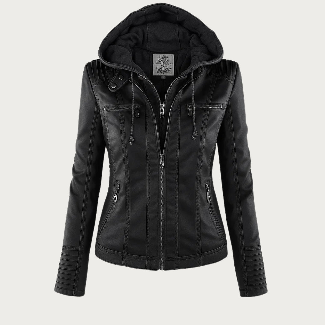 Leather Biker Jacket with Removable Hood and Zip Detail – Casual, Everyday Wear