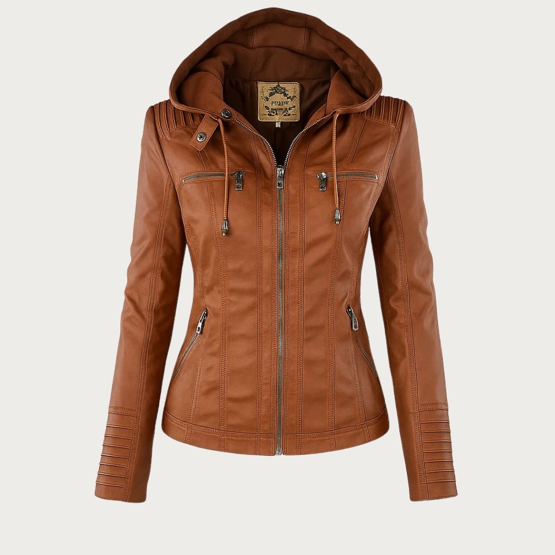 Leather Biker Jacket with Removable Hood and Zip Detail – Casual, Everyday Wear