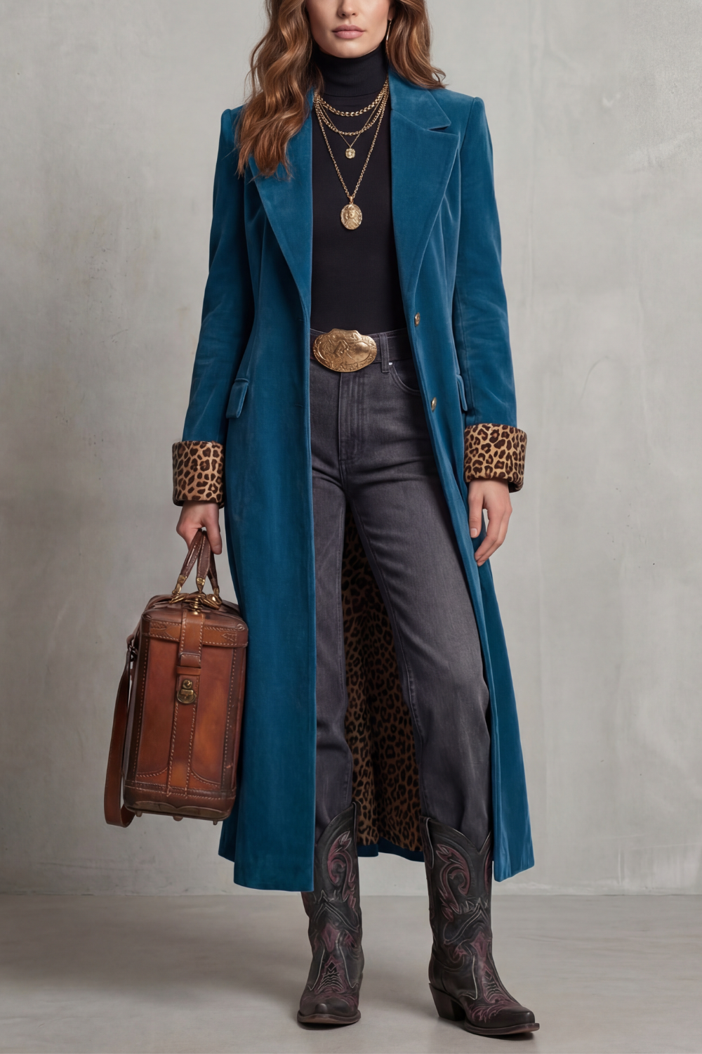 Women's Long Coat with Leopard-Print Velvet Lining – Stylish Layering, Chic Outfits