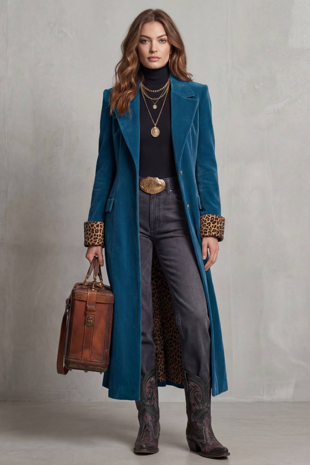 Women's Long Coat with Leopard-Print Velvet Lining – Stylish Layering, Chic Outfits