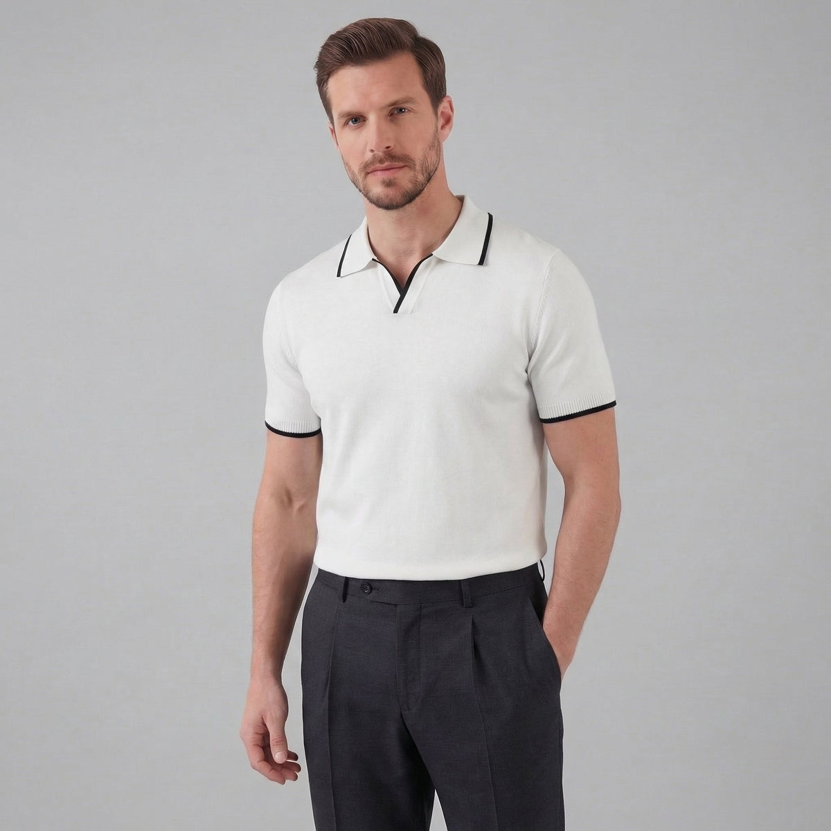 Men’s Knit Polo Shirt in Cotton with White Trim for Casual Wear