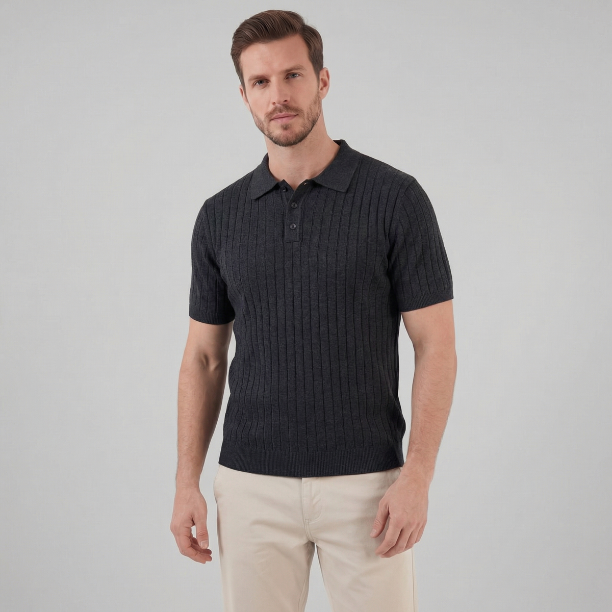 Men's Knit Polo Shirt with Stripes for Casual Wear